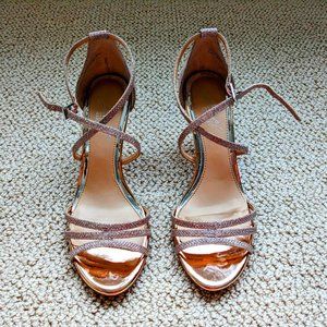 BADGLEY MISCHKA Open Toe Wedge Heel Metallic Rose Gold